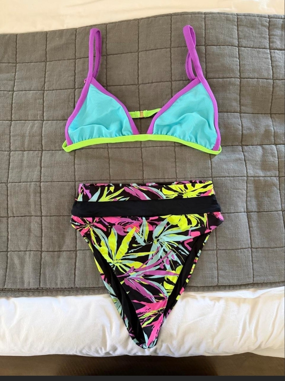 Beach Riot Turquoise & Purple Trim High-Waist Neon Leaf Bikini